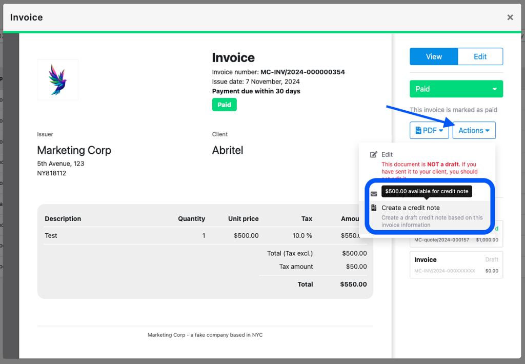 credit note in nocrm