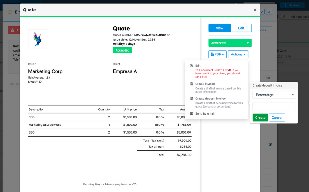 deposit invoice in nocrm