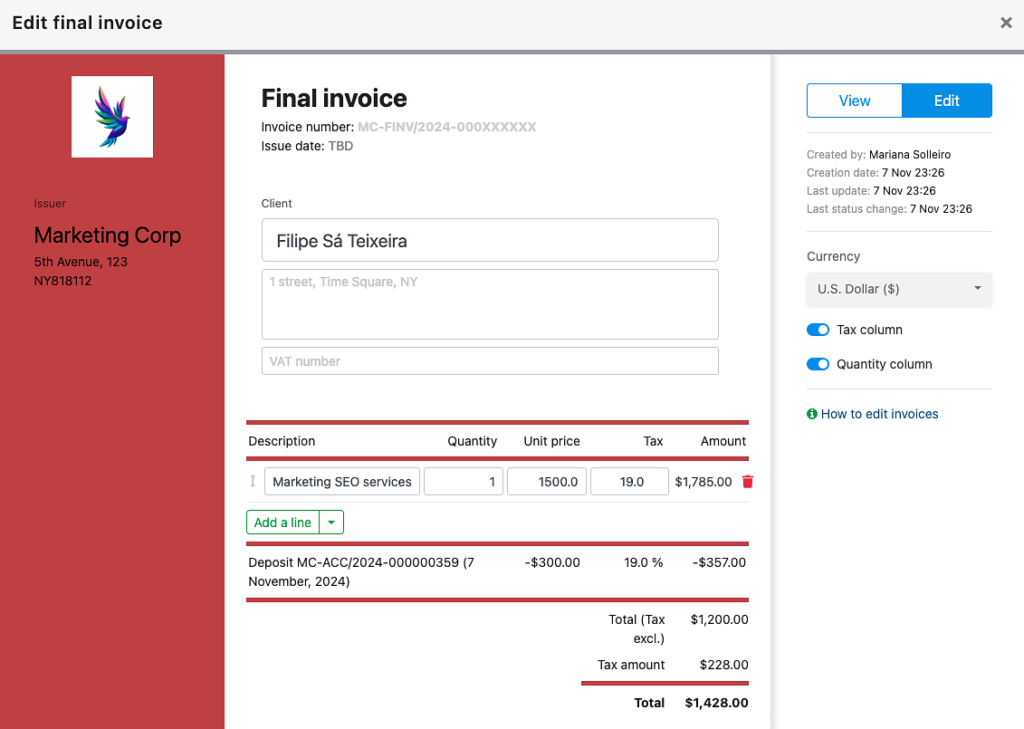 final invoice on nocrm