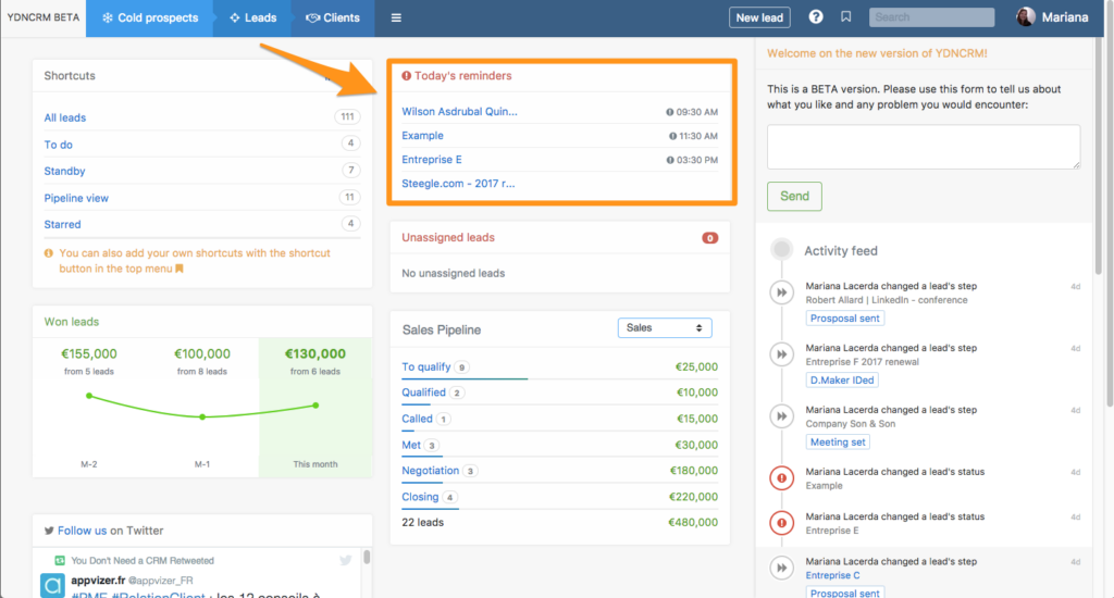 Lead Management im noCRM Dashboard